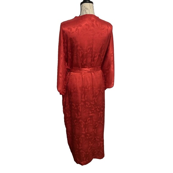 Vintage 90s Linda Bis Red Robe Lace Trim Rose Embossed One Size w/ Pockets - Picture 3 of 8